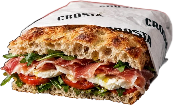 La Crudo schiacciata wrapped in Crosta paper