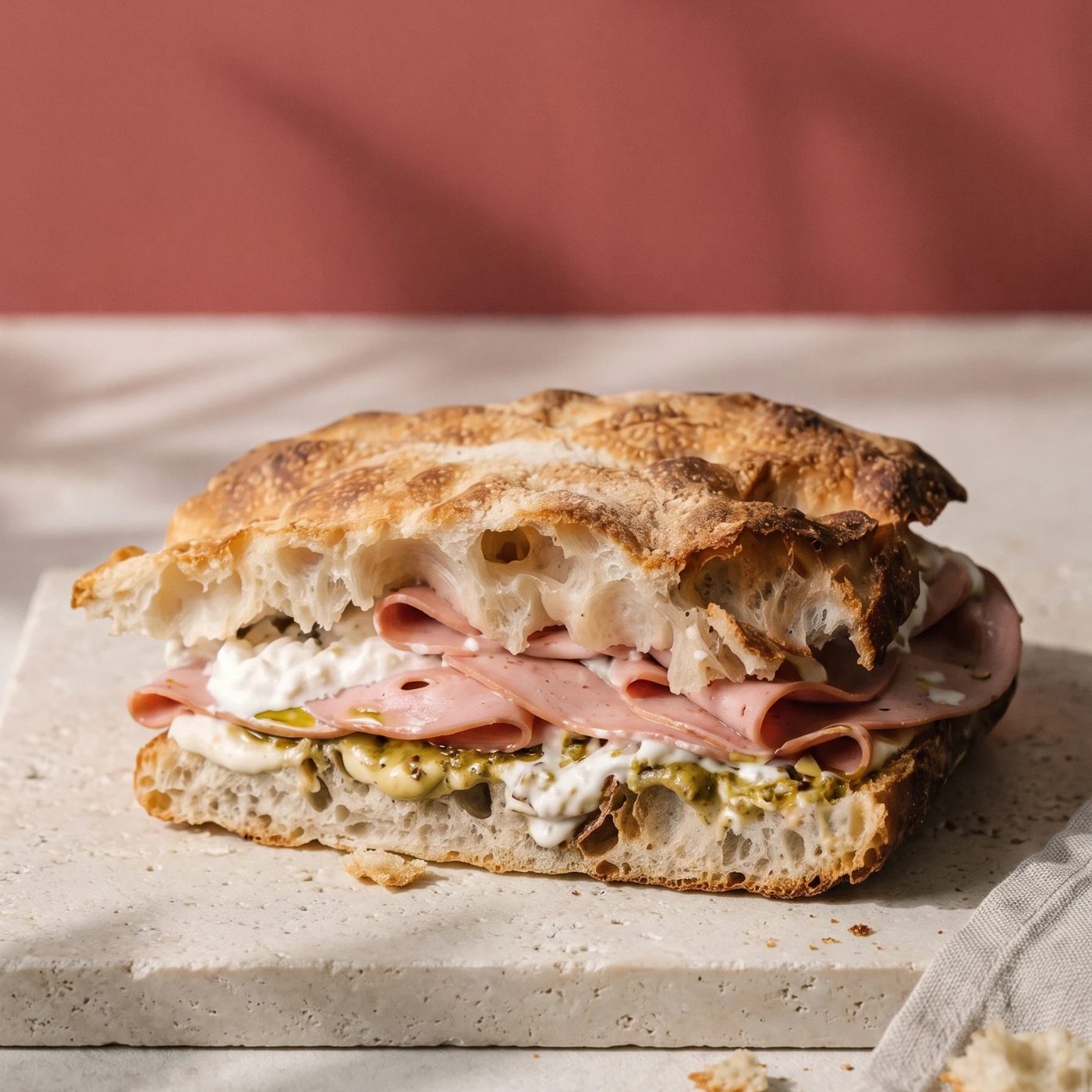Mortadella schiacciata with stracciatella and pistachio pesto on sourdough