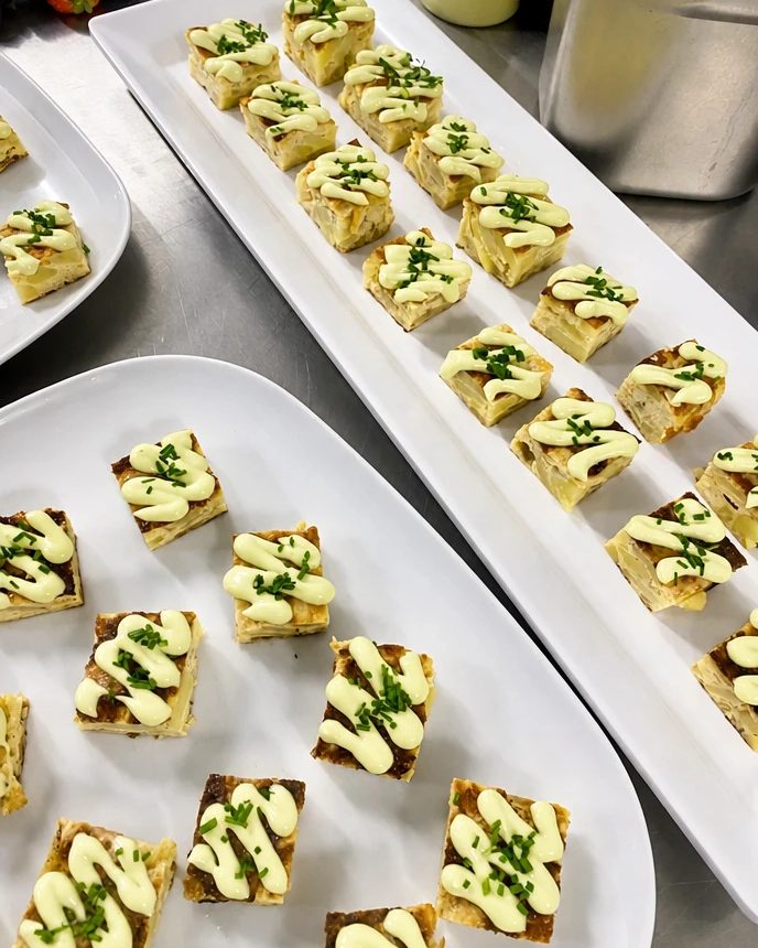Potato tortilla canapés with aioli and chives on platters at a Crosta catering