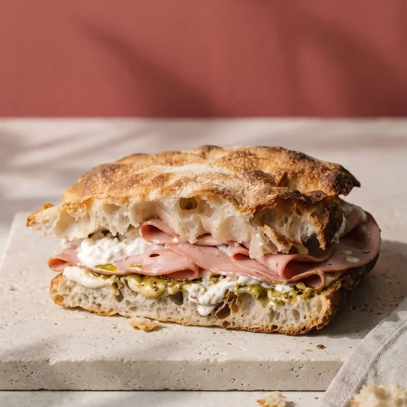 Mortadella schiacciata with stracciatella and pistachio pesto on sourdough