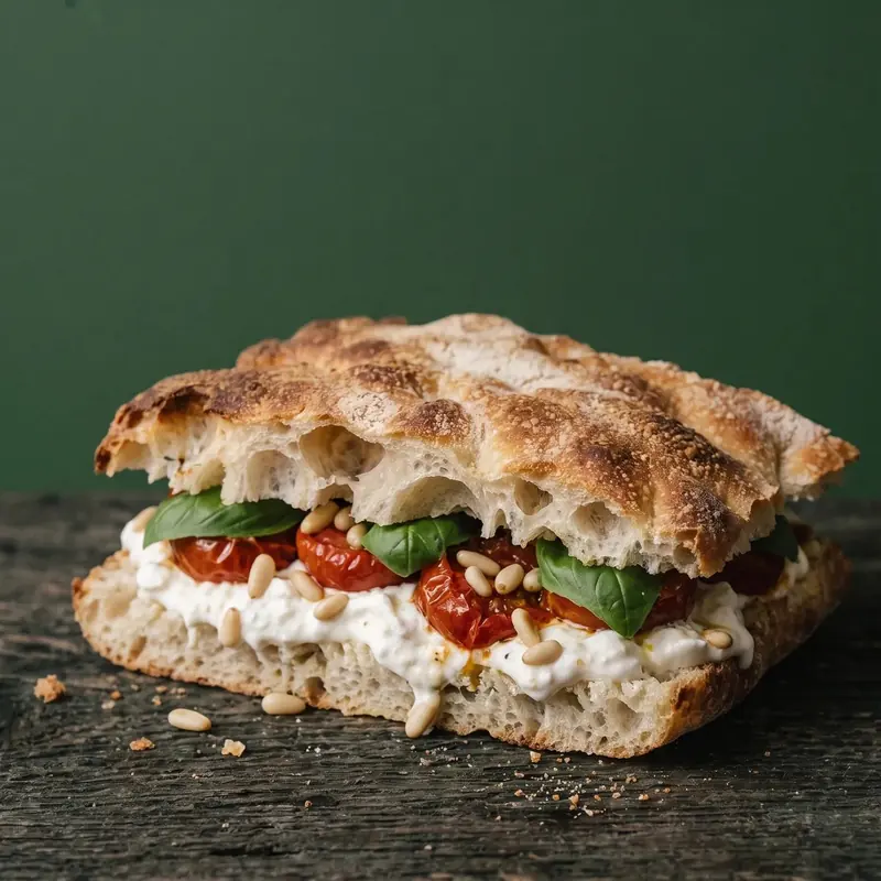 Primavera schiacciata with stracciatella, tomato confit, pine nuts and basil