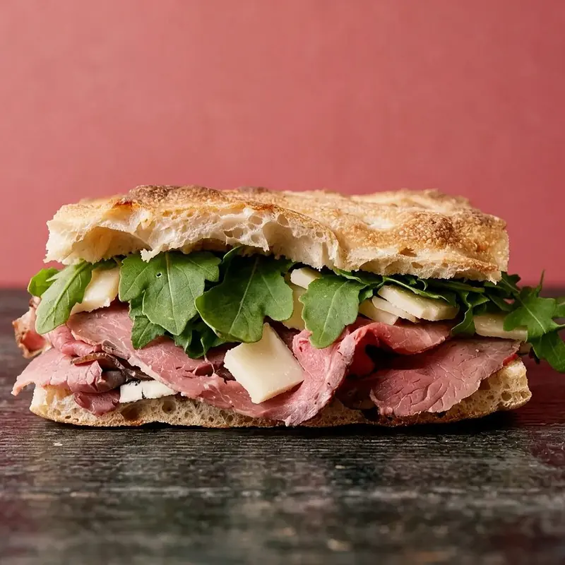Schiacciata with roast beef, rucola and pecorino on Crosta sourdough